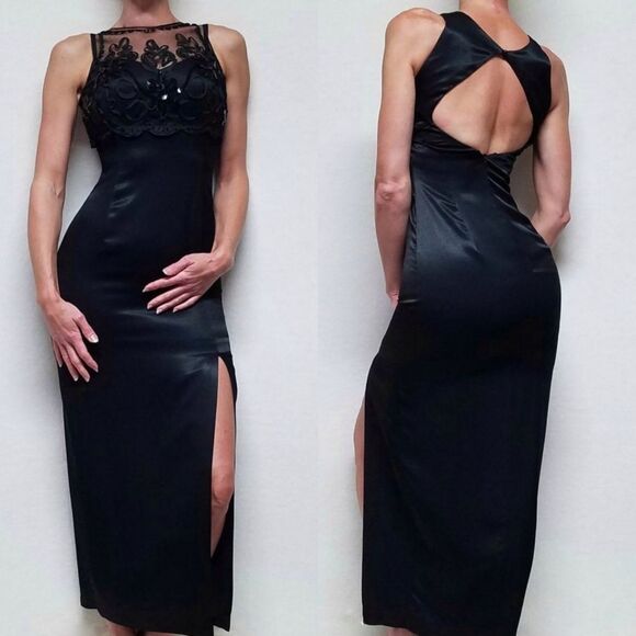 VINTAGE Jessica McClintock Black Mesh Maxi Dress - Picture 1 of 9